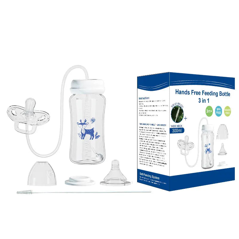 3-in-1 Baby Feeding Bottle with Anti-Colic Tube – 300ml BPA-Free Hands-Free Bottle for 6+ Months