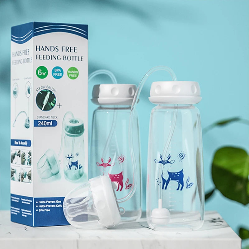 Hands-Free Baby Feeding Bottle 8oz/240ml – Anti-Colic Nursing Bottle with Feeding Tube, BPA-Free PP, 6+ Months